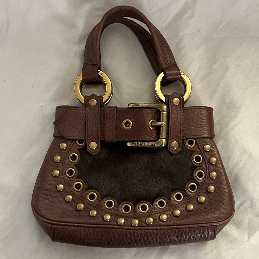 Isabella Fiore Hendrix Brown Leather Stud  VTG  Calf Hair Handbag $695